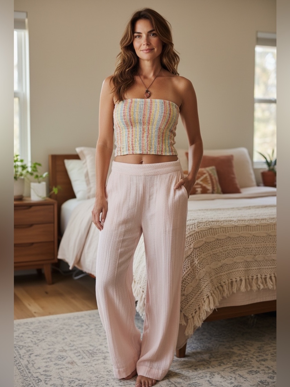 Free People Blush Pink Textured Wide Leg Pants XS
